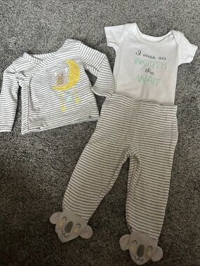 Grey Striped Baby Matching Set with Moon Applique and 'Worth the Wait' Bodysuit
